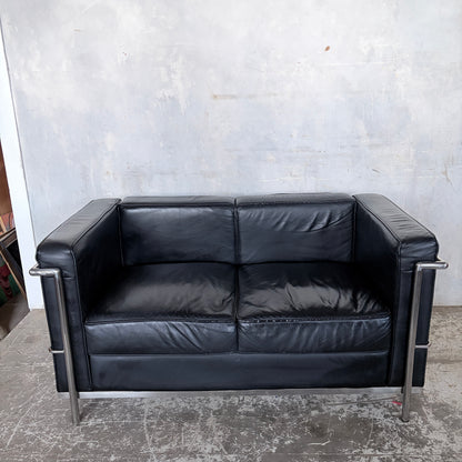 Mid Century Black Leather & Chrome Two Seater Sofa | Le Corbusier LC2 Style