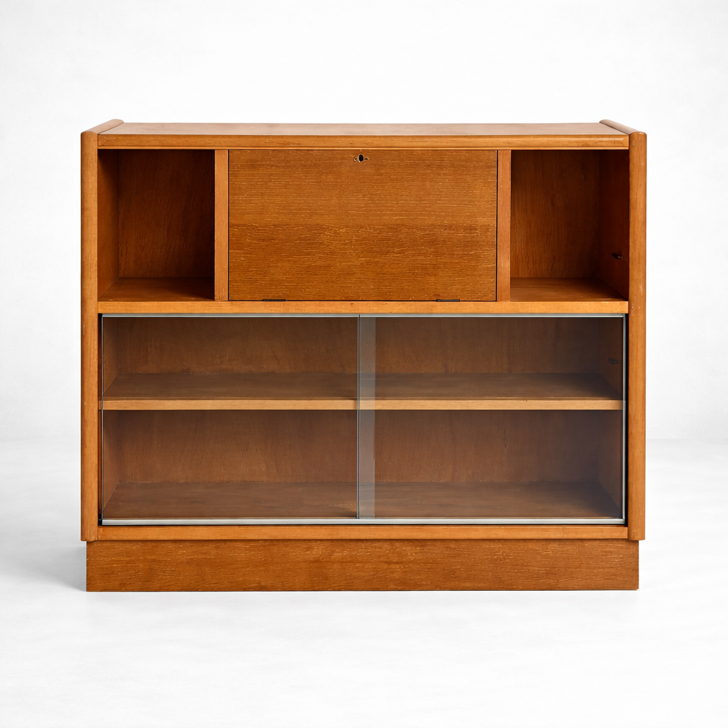Nathan Oak Drop-Down Bureau Desk Cabinet with Sliding Glass Doors – Mid Century