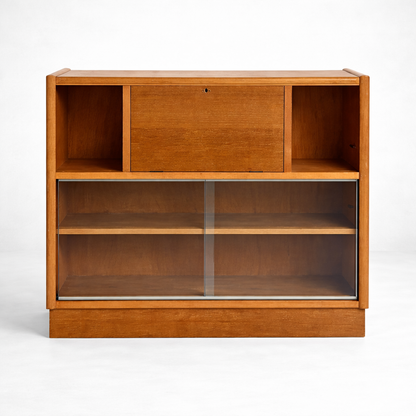 Nathan Oak Drop-Down Bureau Desk Cabinet with Sliding Glass Doors – Mid Century