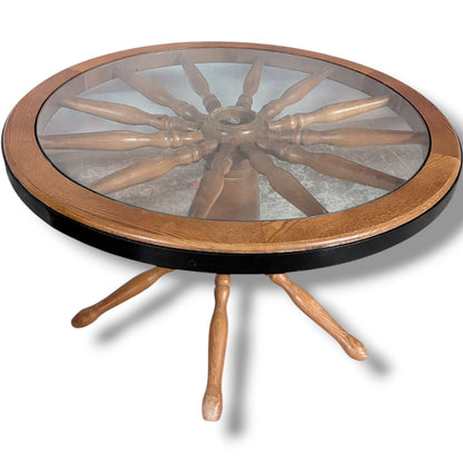 Vintage Ship Wheel Table – Elm and Oak Nautical Coffee Table with Glass Top