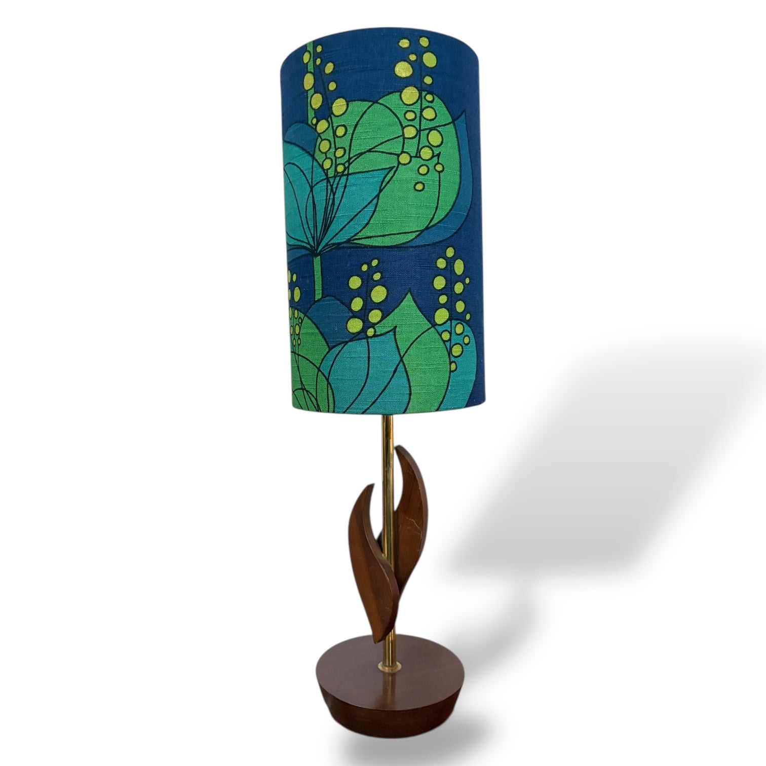 Mid Century Teak Table Lamp with Blue and Green Floral Shade by Lightfandango — view 2
