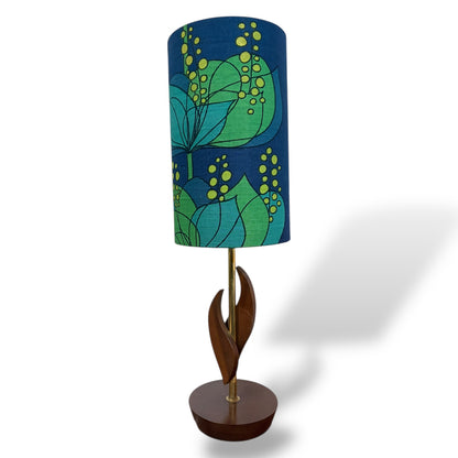 Mid Century Teak Table Lamp with Blue and Green Floral Shade by Lightfandango — view 2