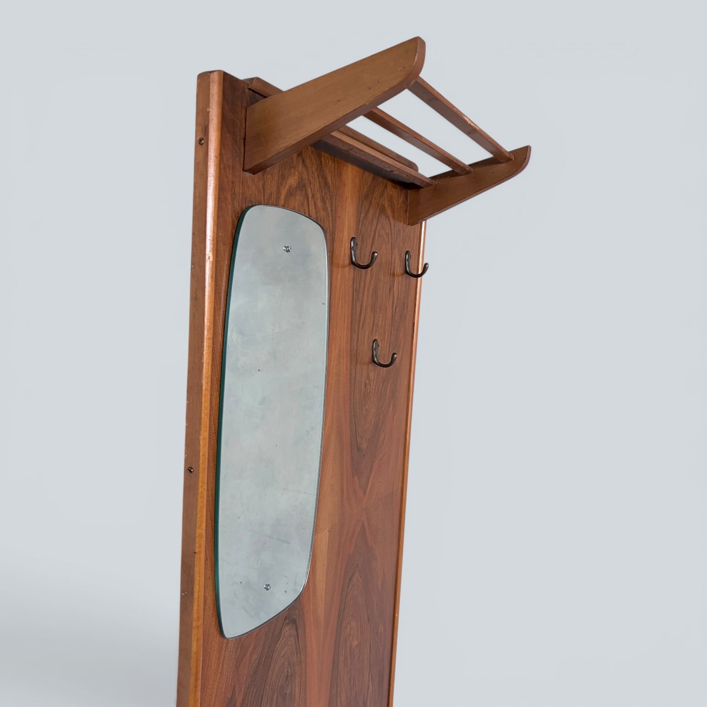 Mid Century Walnut Hall Stand with Mirror, Umbrella Stand & Shoe Cabinet