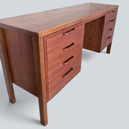 Mid Century Alfred Cox Teak and Oak Twin Pedestal Desk Eight Drawer Executive Office Desk