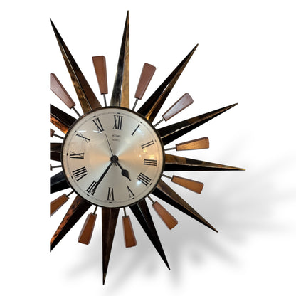 Mid-Century Metamec Sunburst Wall Clock – Brass & Teak, Quartz Movement — view 4