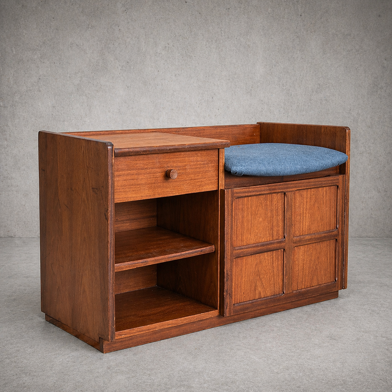 Mid Century Nathan Teak Telephone Bench / Hall Seat – Storage Cabinet with Drawer