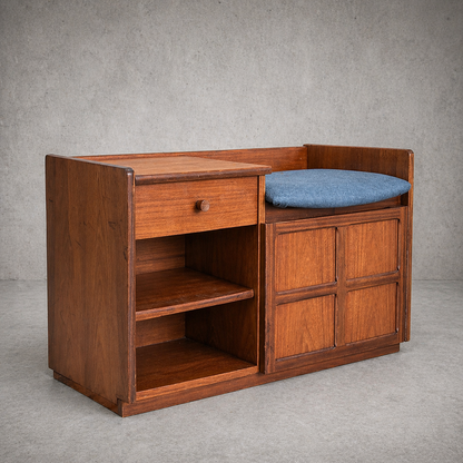 Mid Century Nathan Teak Telephone Bench / Hall Seat – Storage Cabinet with Drawer