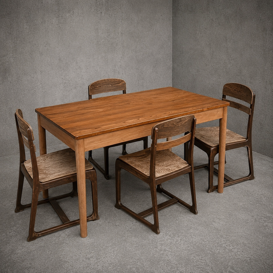 Mid Century Ercol Blonde Elm & Beech Compact Dining Table & Four Industrial Bentwood Dining Chairs