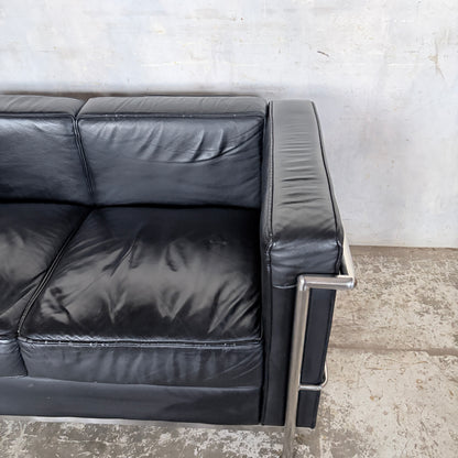 Mid Century Black Leather & Chrome Two Seater Sofa | Le Corbusier LC2 Style