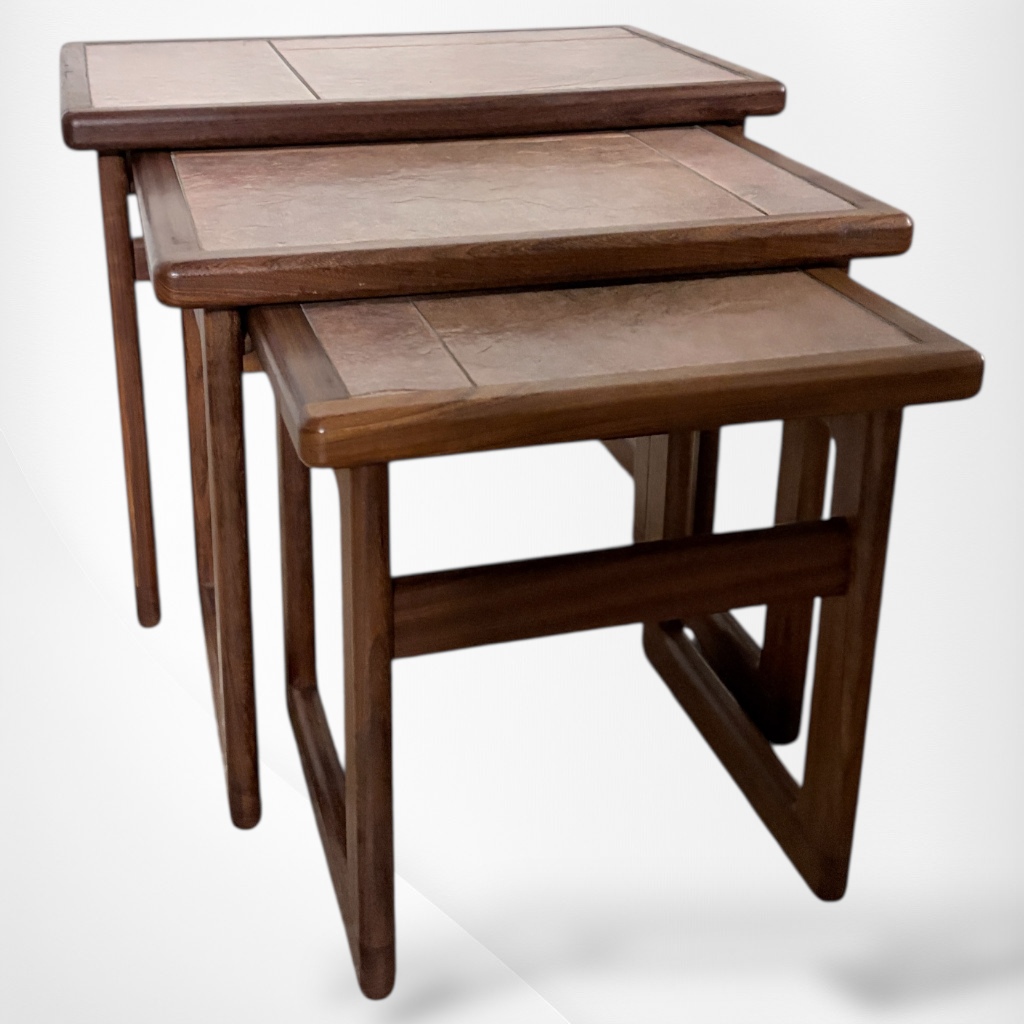 Mid Century Teak Tables – Nesting Side Tables with Ceramic Tile Tops | Scandinavian Vintage