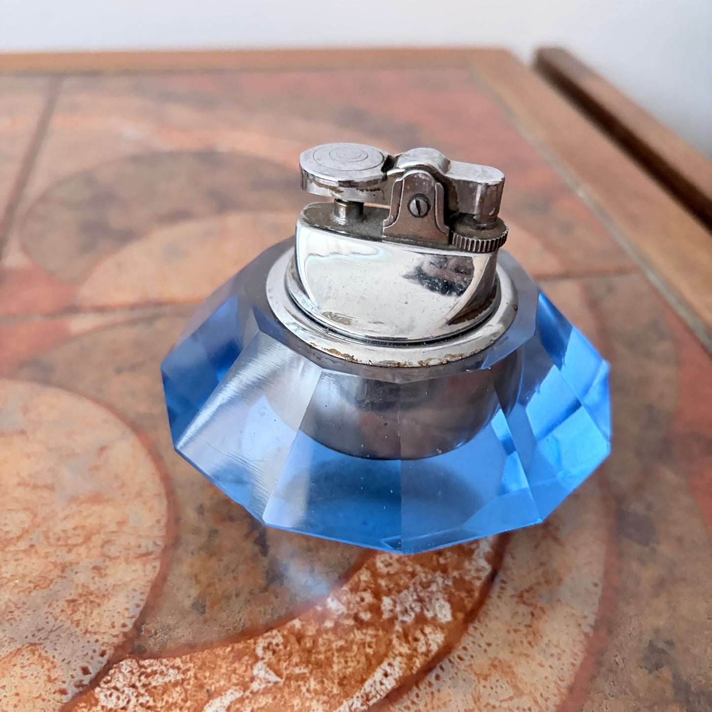 Vintage Blue Faceted Crystal Glass Table Lighter – Mid-Century