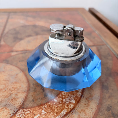 Vintage Blue Faceted Crystal Glass Table Lighter – Mid-Century