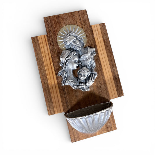 Miniature Holy Water Font – Vintage Wooden Wall Mounted Stoup with Silver Tone Relief Basin