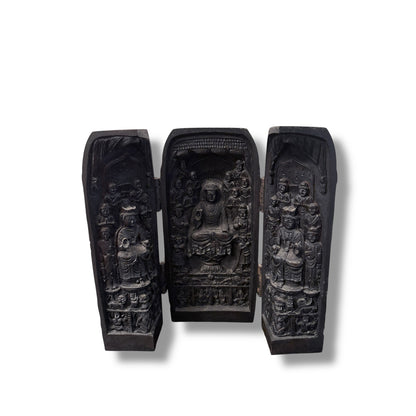 Vintage Hand-Carved Wooden Buddhist Triptych Shrine / Folding Altar