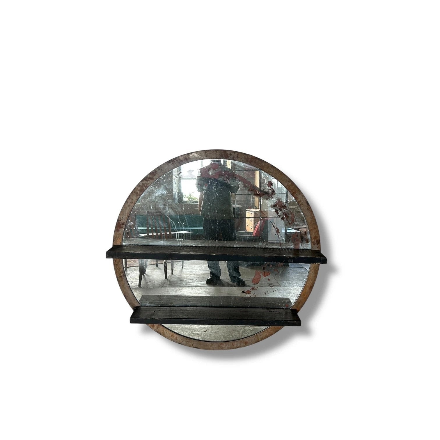Antique Large Industrial Circular Mirror with Shelves — view 8