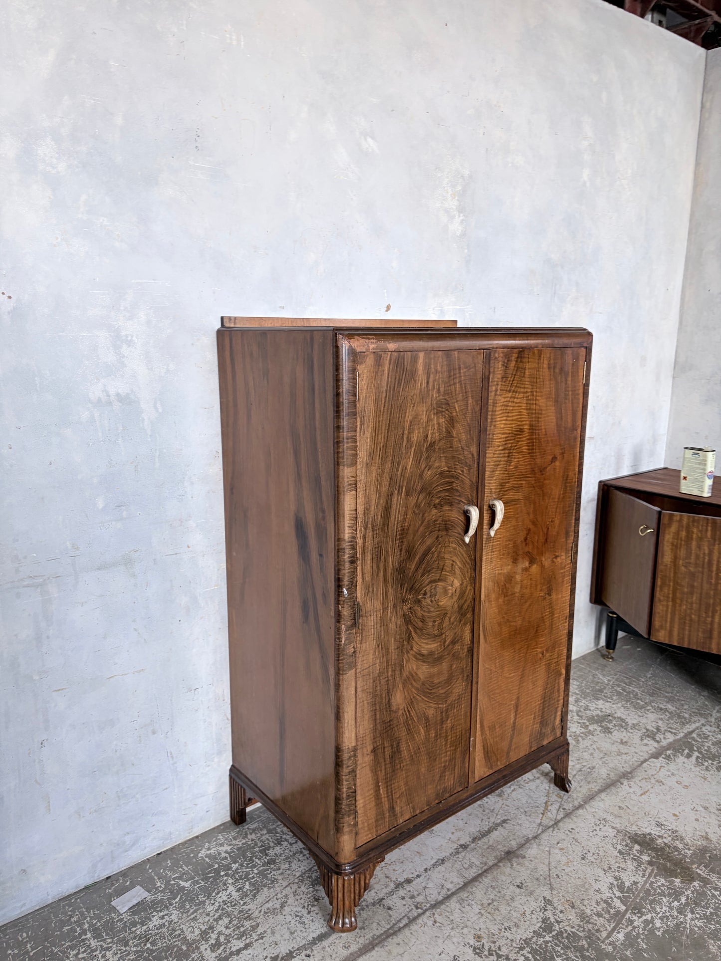 Art Deco Walnut Compact Wardrobe with Interior Shelving