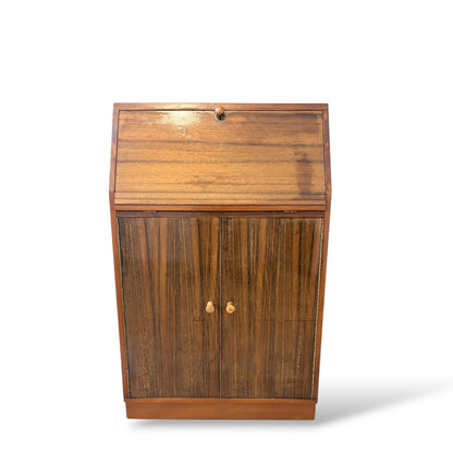Mid Century Teak & Walnut Bureau Desk by Morris of Glasgow – Drop Front Writing Cabinet
