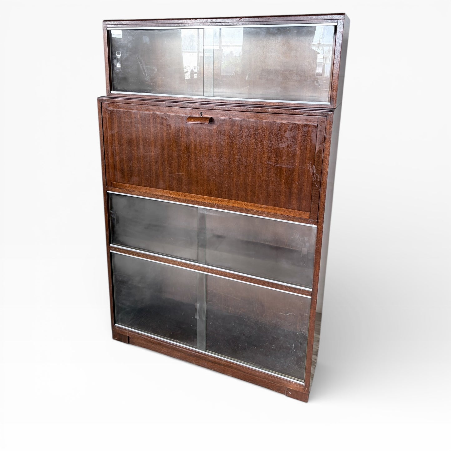 Vintage Stacking Bookcase With Drop Front Bureau & Glass Sliding Doors - Mid Century Furniture