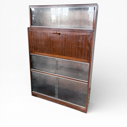 Vintage Stacking Bookcase With Drop Front Bureau & Glass Sliding Doors - Mid Century Furniture