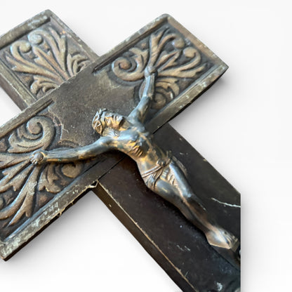 1970s Brass & Oak Crucifix Wall Sculpture – Vintage Religious Wall Art
