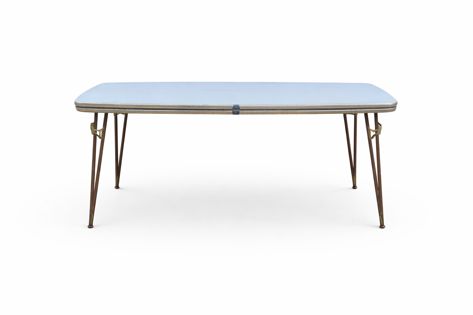 Mid Century Italian Blue Formica Dining Table & 4 Black Vinyl Chrome Chairs Set — view 6