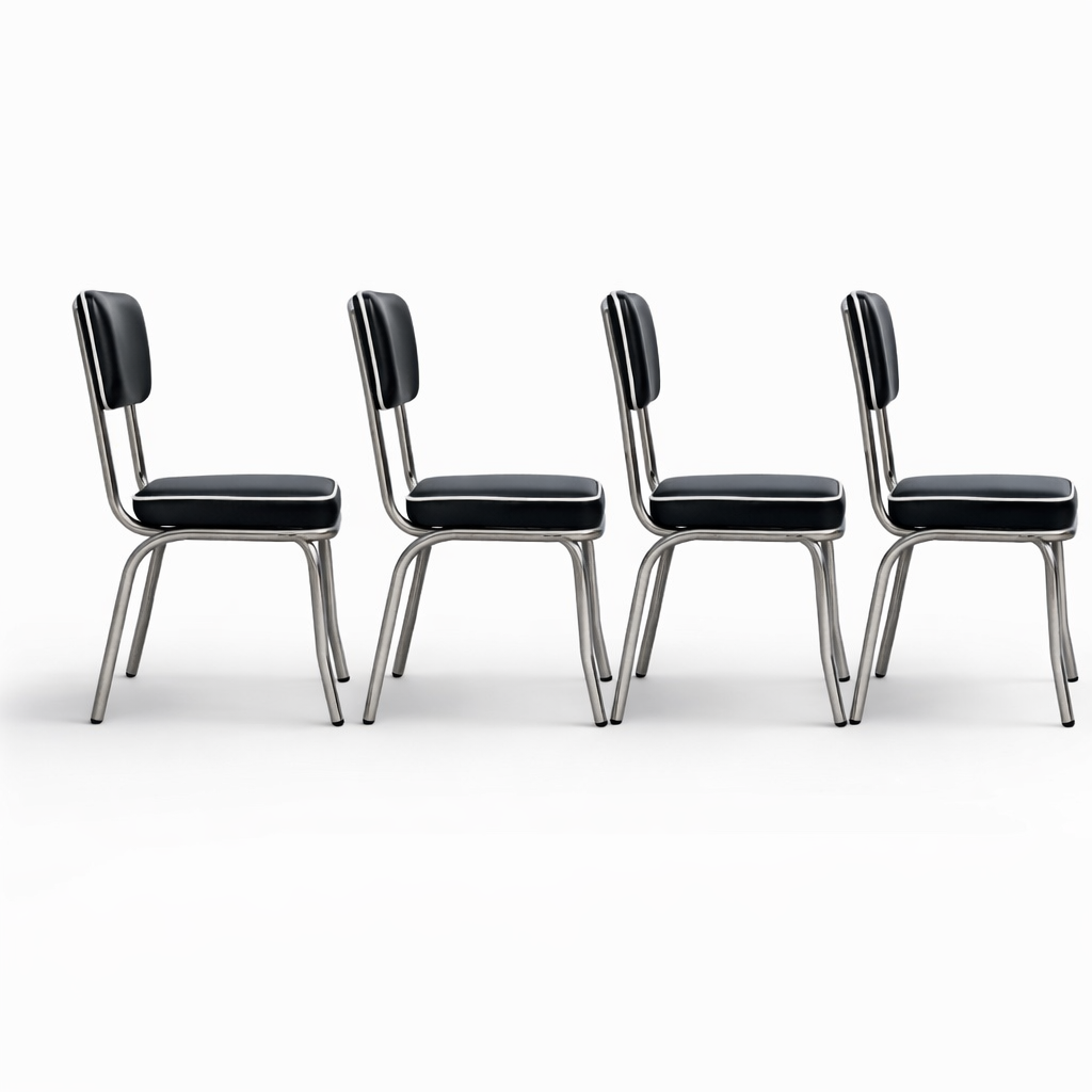 Mid Century Italian Blue Formica Dining Table & 4 Black Vinyl Chrome Chairs Set — view 9