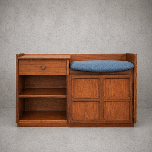 Mid Century Nathan Teak Telephone Bench / Hall Seat – Storage Cabinet with Drawer
