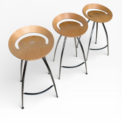 Mid Century Bar Stools – Magis Lyra Italian Chrome & Beech Wood Set of Three