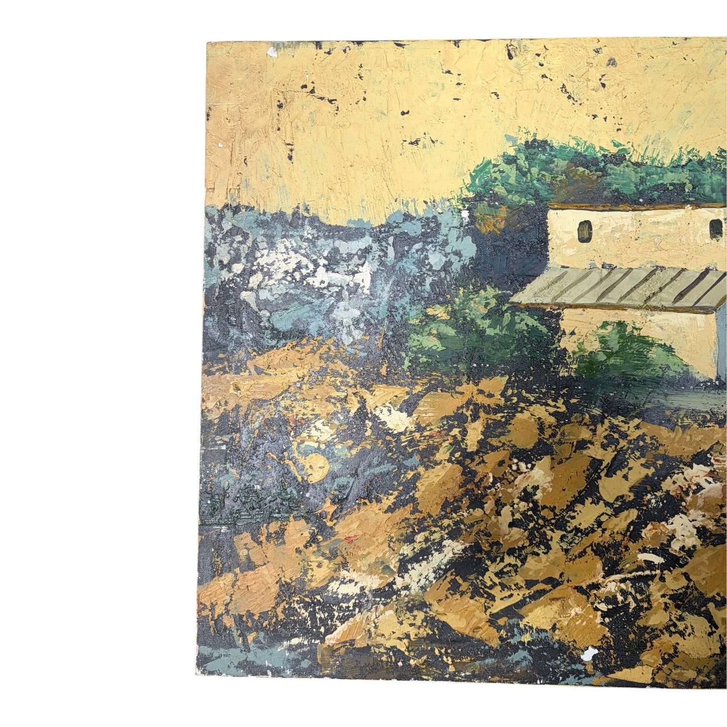 Vintage Textured Landscape Painting – Rustic House Scene, Impasto Wall Art