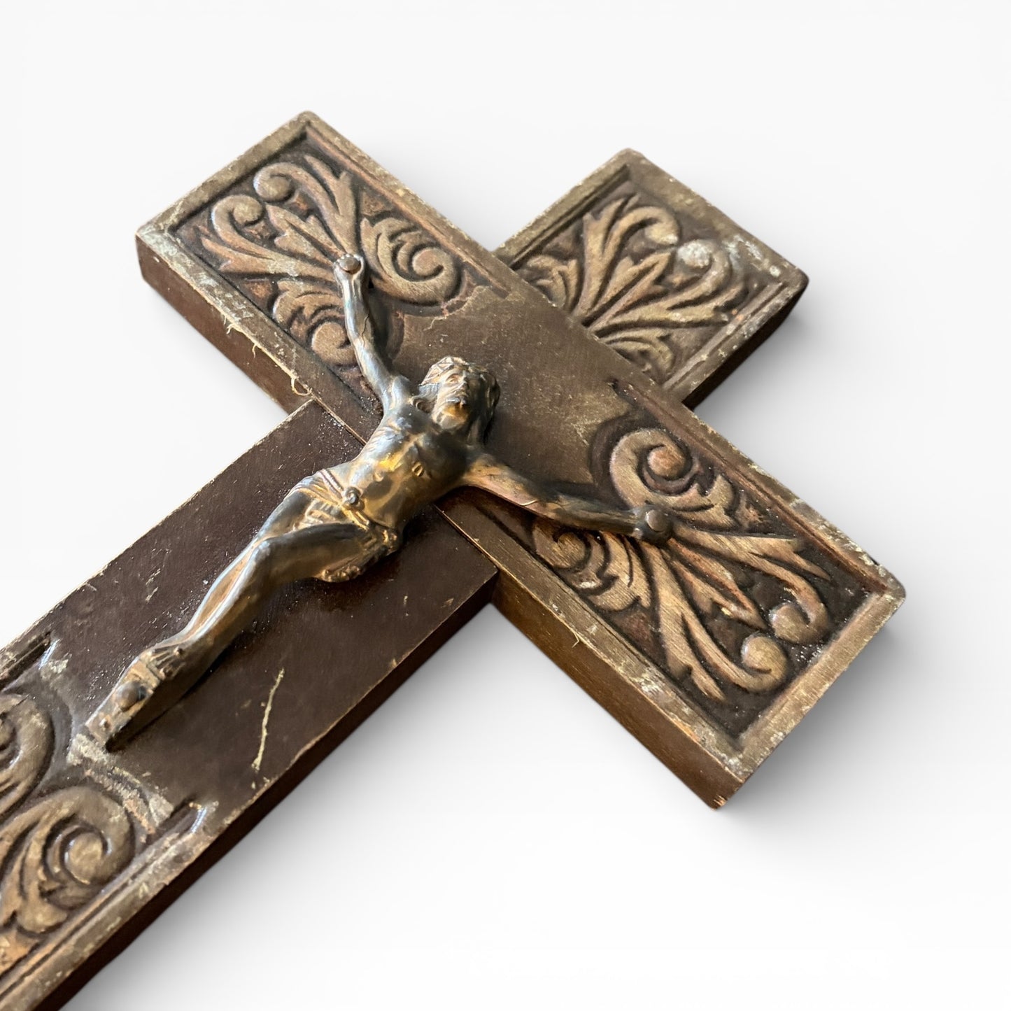 1970s Brass & Oak Crucifix Wall Sculpture – Vintage Religious Wall Art