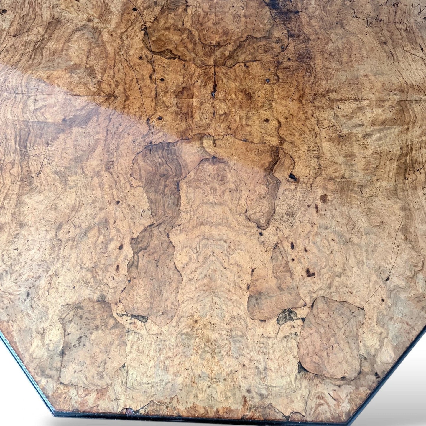 Antique Burr Walnut Table | Compact Octagonal Dining Table with Ebonised Edge & Mahogany Base