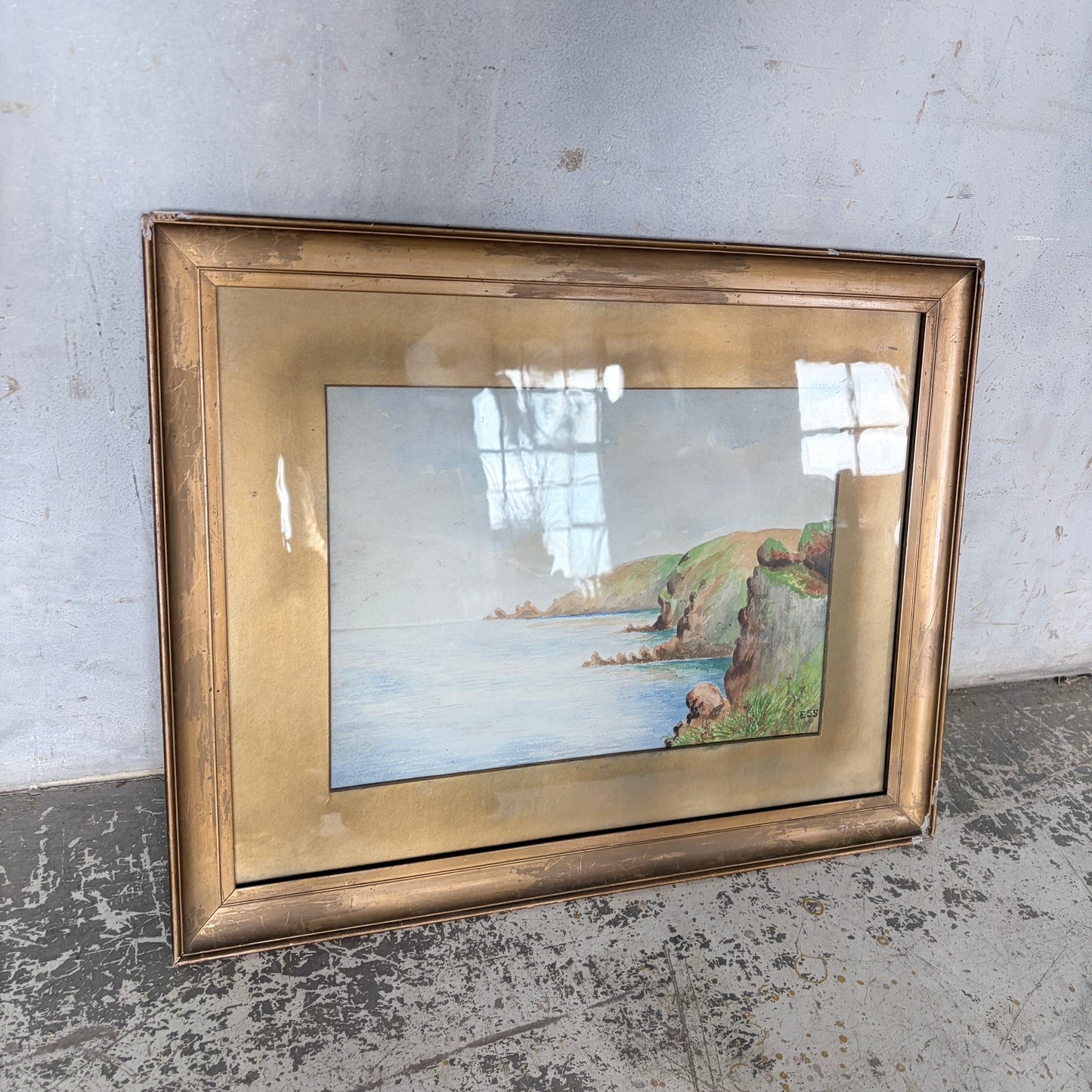1950s Coastal Watercolour Landscape Painting in Original Gilt Frame
