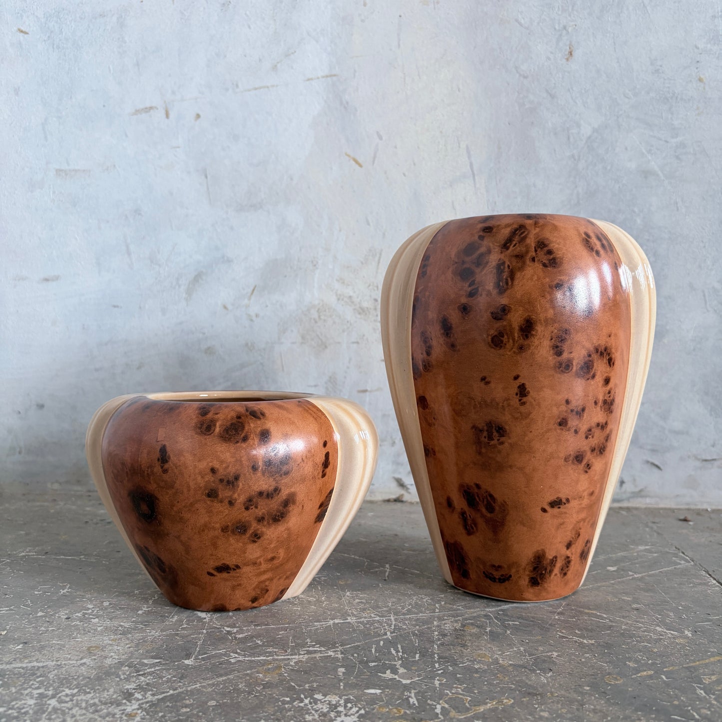 Pair of Art Deco Walnut Burl Effect Ceramic Vases