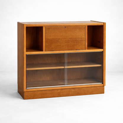 Nathan Oak Drop-Down Bureau Desk Cabinet with Sliding Glass Doors – Mid Century