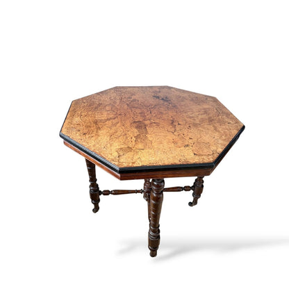 Antique Burr Walnut Table | Compact Octagonal Dining Table with Ebonised Edge & Mahogany Base