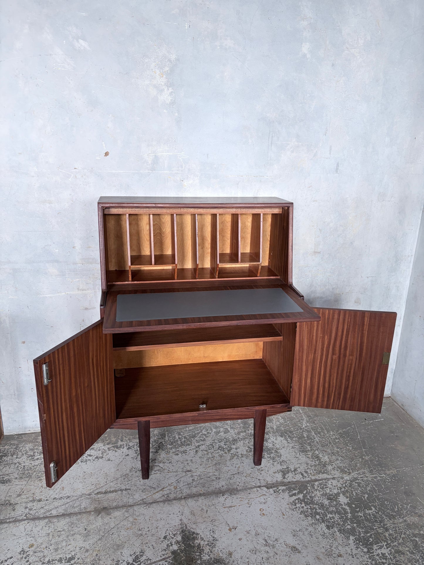 Mid Century Walnut & Teak Bureau Desk Cabinet