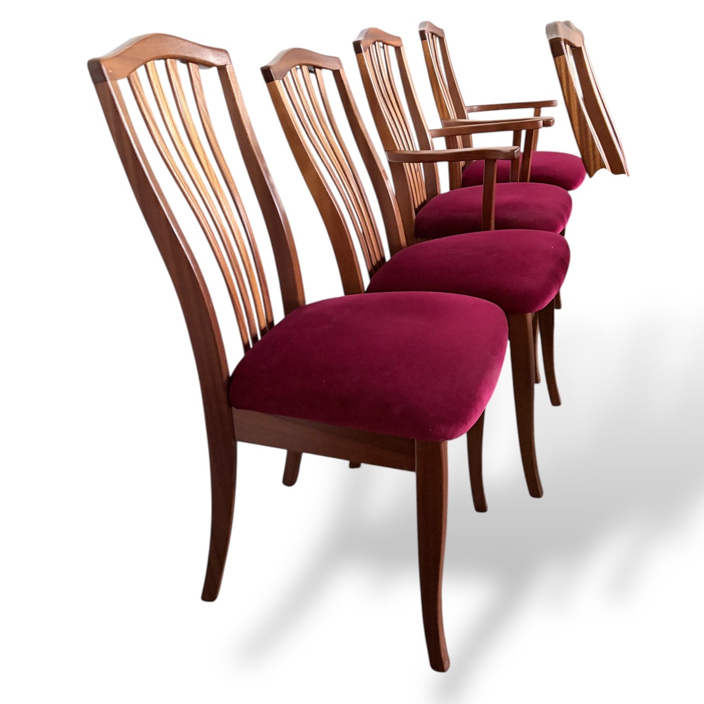Set of 6 Vintage Teak Dining Chairs with Red Upholstery (2 Carvers + 4 Dining Chairs)