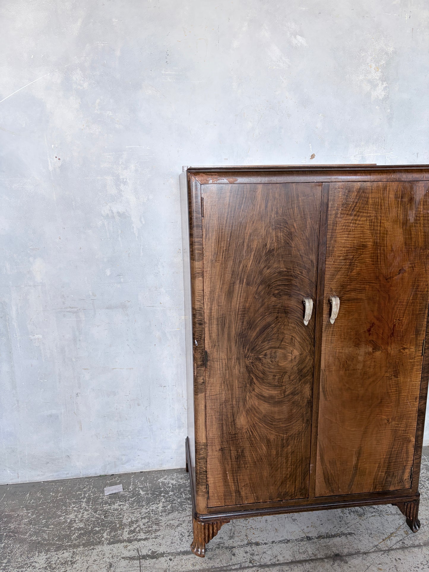 Art Deco Walnut Compact Wardrobe with Interior Shelving