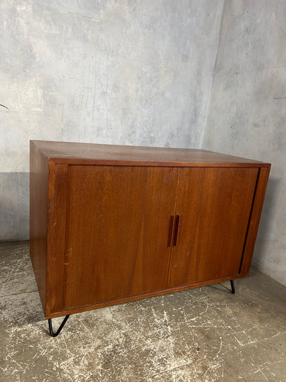 Mid Century Danish Teak Tambour Cabinet on Hairpin Legs | Vintage Sideboard Storage