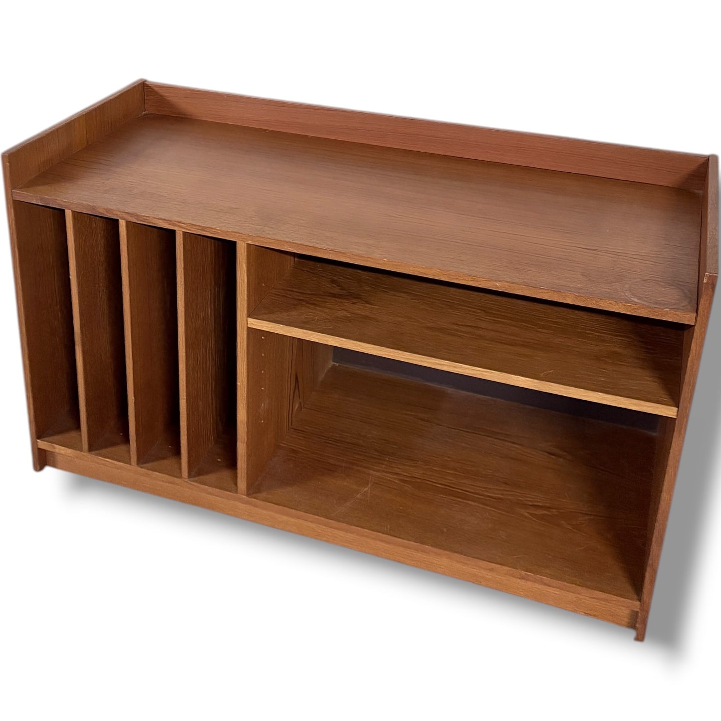 Danish Teak Media Unit – Mid Century Cabinet with Vinyl Storage & Open Shelving