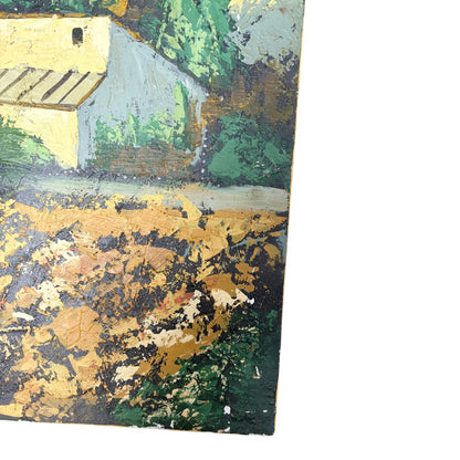 Vintage Textured Landscape Painting – Rustic House Scene, Impasto Wall Art