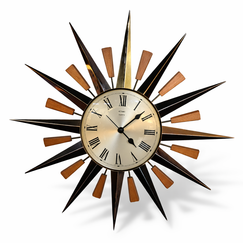 Mid-Century Metamec Sunburst Wall Clock – Brass & Teak, Quartz Movement