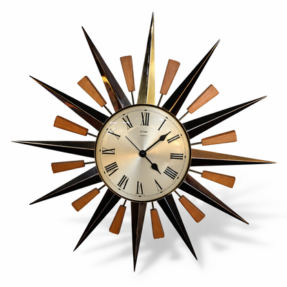 Mid-Century Metamec Sunburst Wall Clock – Brass & Teak, Quartz Movement