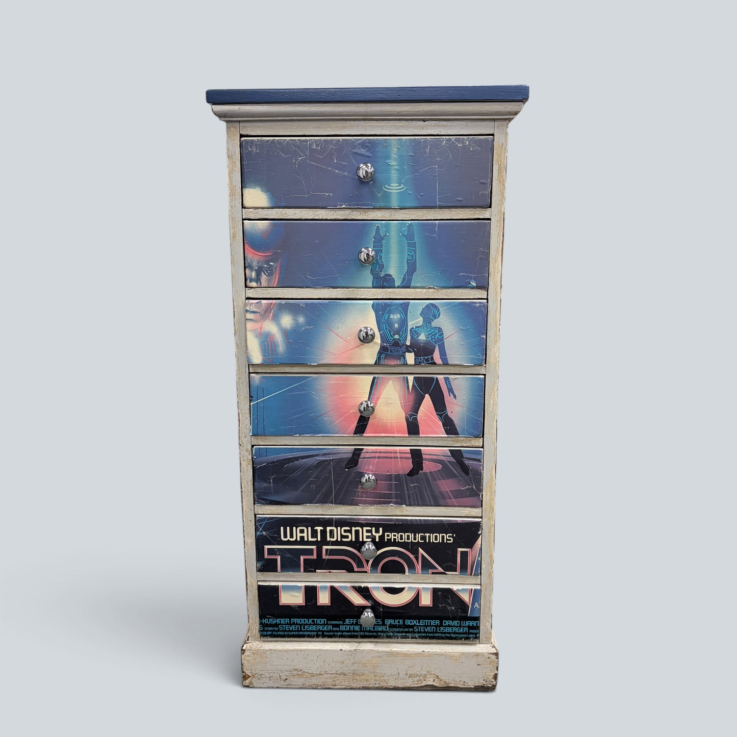 Vintage Disney TRON Tallboy Chest of Drawers | Upcycled Film Poster Storage Cabinet | Retro Sci-Fi Furniture