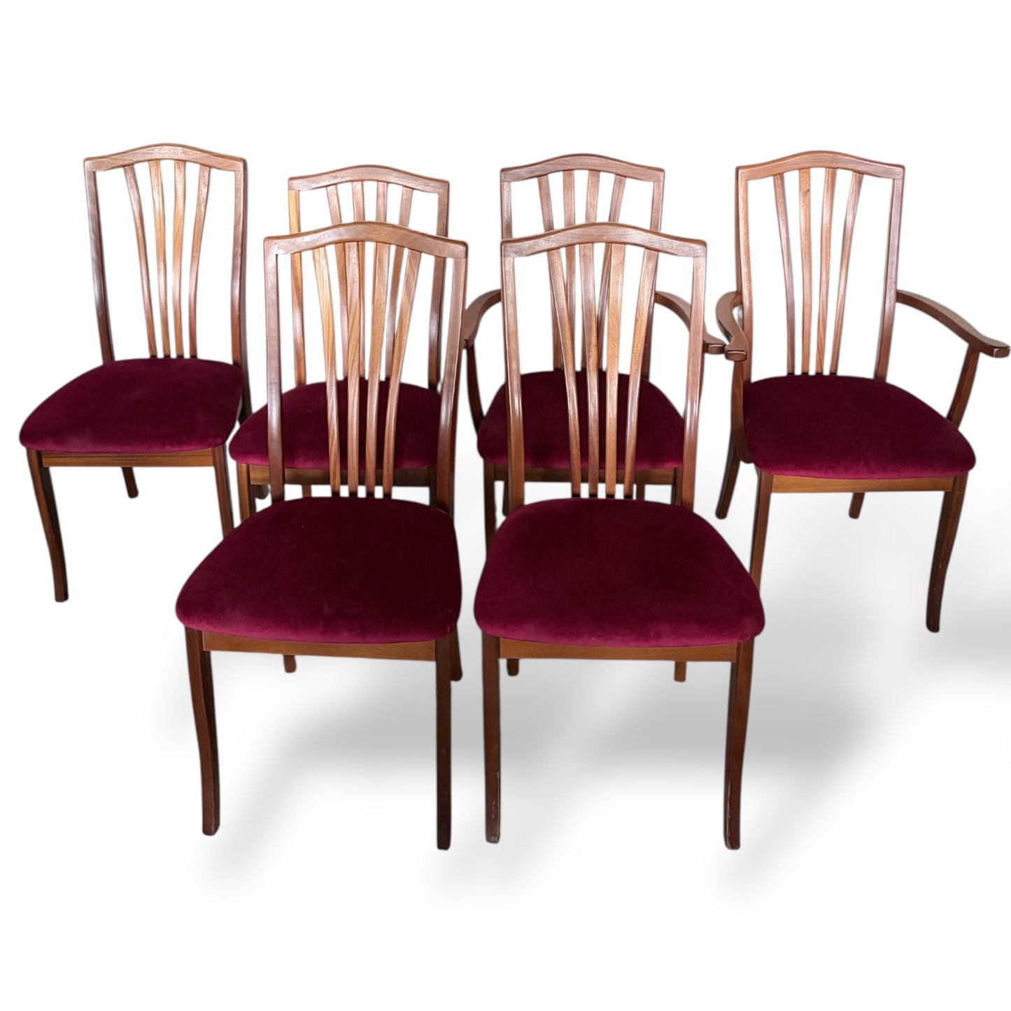 Set of 6 Vintage Teak Dining Chairs with Red Upholstery (2 Carvers + 4 Dining Chairs)