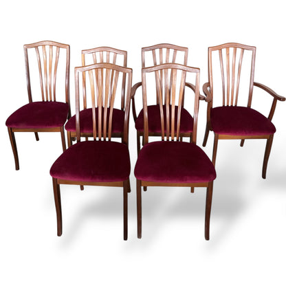 Set of 6 Vintage Teak Dining Chairs with Red Upholstery (2 Carvers + 4 Dining Chairs)