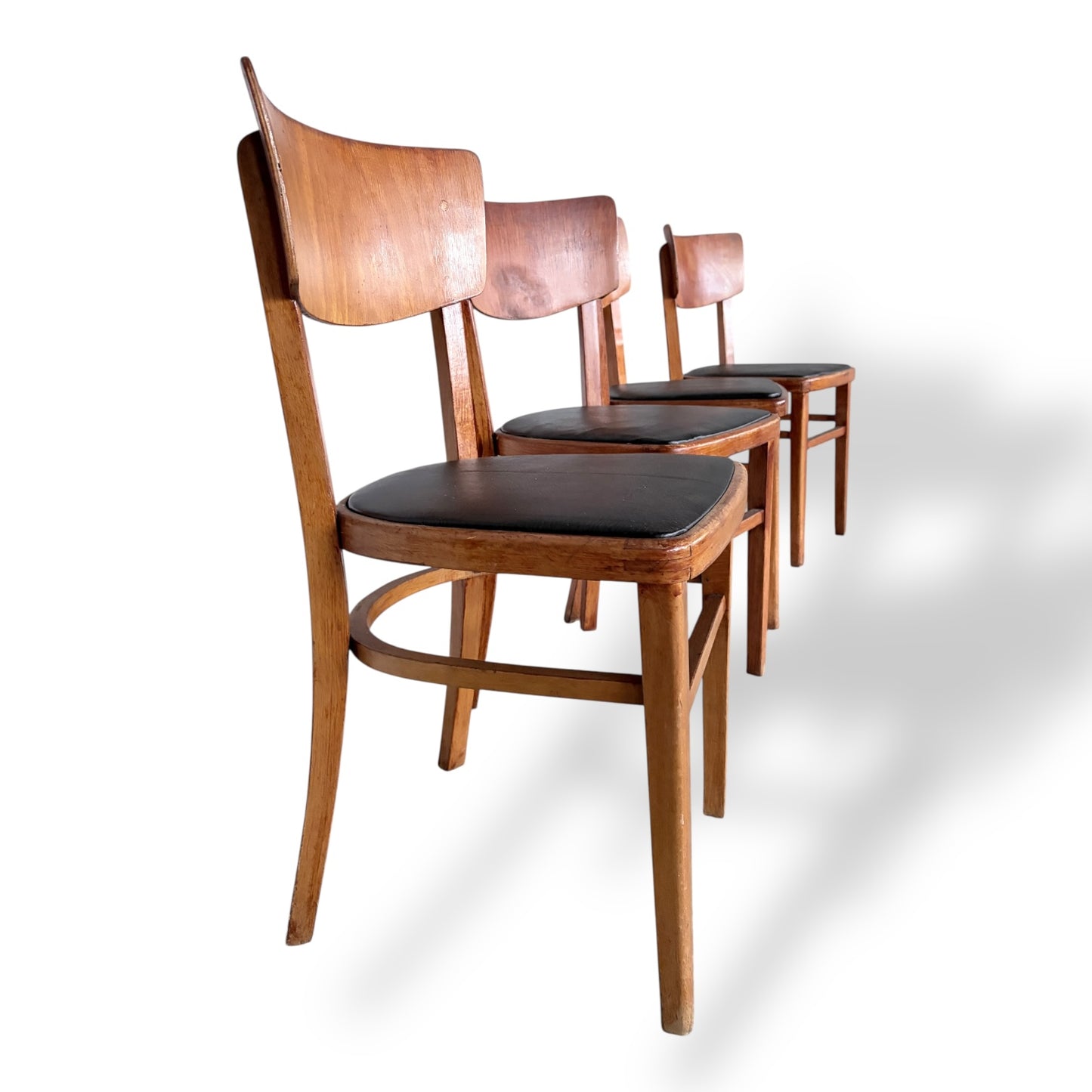 Set of Four Mid-Century Beech Dining Chairs – Black Vinyl Seats