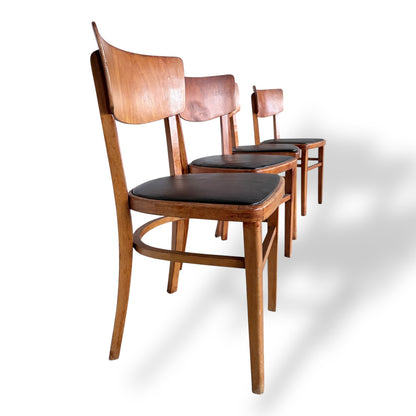 Set of Four Mid-Century Beech Dining Chairs – Black Vinyl Seats