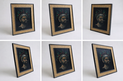 Vintage Ethnographic Portrait on Velvet – Signed Hessian Framed Artwork