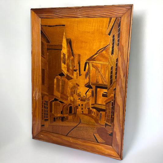 Vintage 1980s York Shambles Inlaid Marquetry Wood Panel